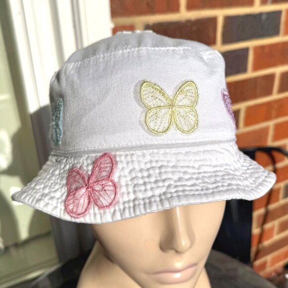 Handmade Kids Upcycled One Of A Kind White Bucket Hat With Colorful Butterflies - Picture 10 of 12